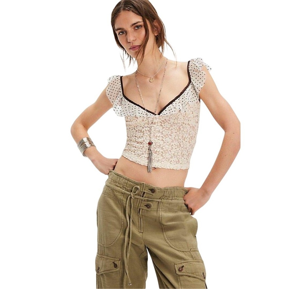 Free People Ivory Lace Polka Dot Ruffle Crop Top XL NWT $58